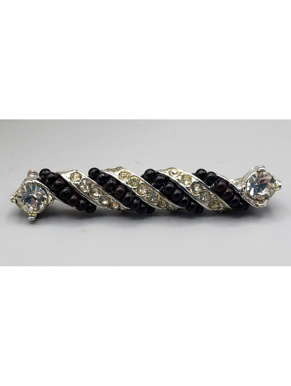 Vintage Bar Pin Black Seed Bead Spiral Wrap Silver Tone Metal Rhinestones